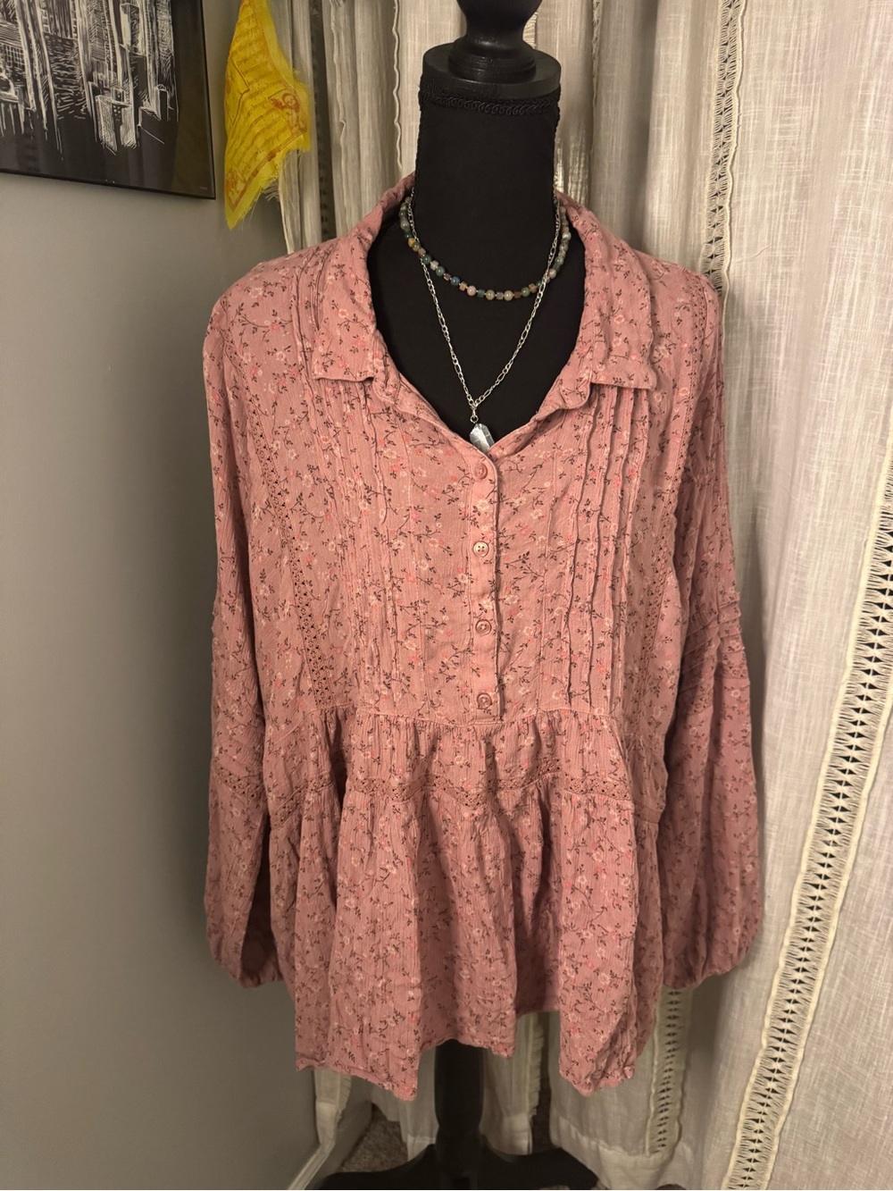 Lucky Brand Dusty Rose Floral Button-Front Peplum Tunic, Flowy